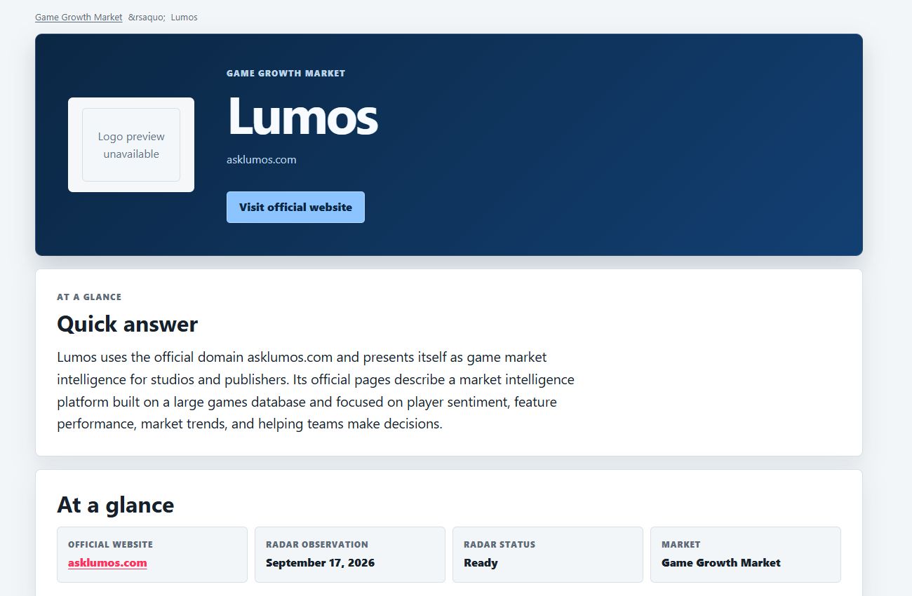 Lumos public profile in the Game Growth Market, showing identity, a quick answer and dated observation fields.