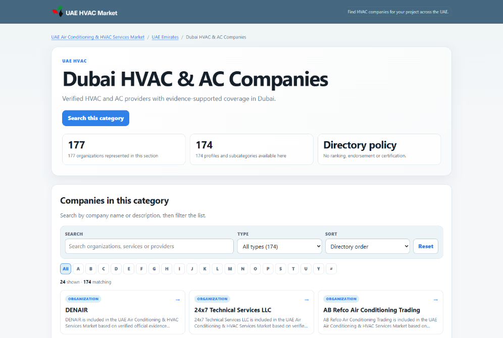 Public UAE HVAC Market category view with category scope and participant cards; displayed counts are historical.