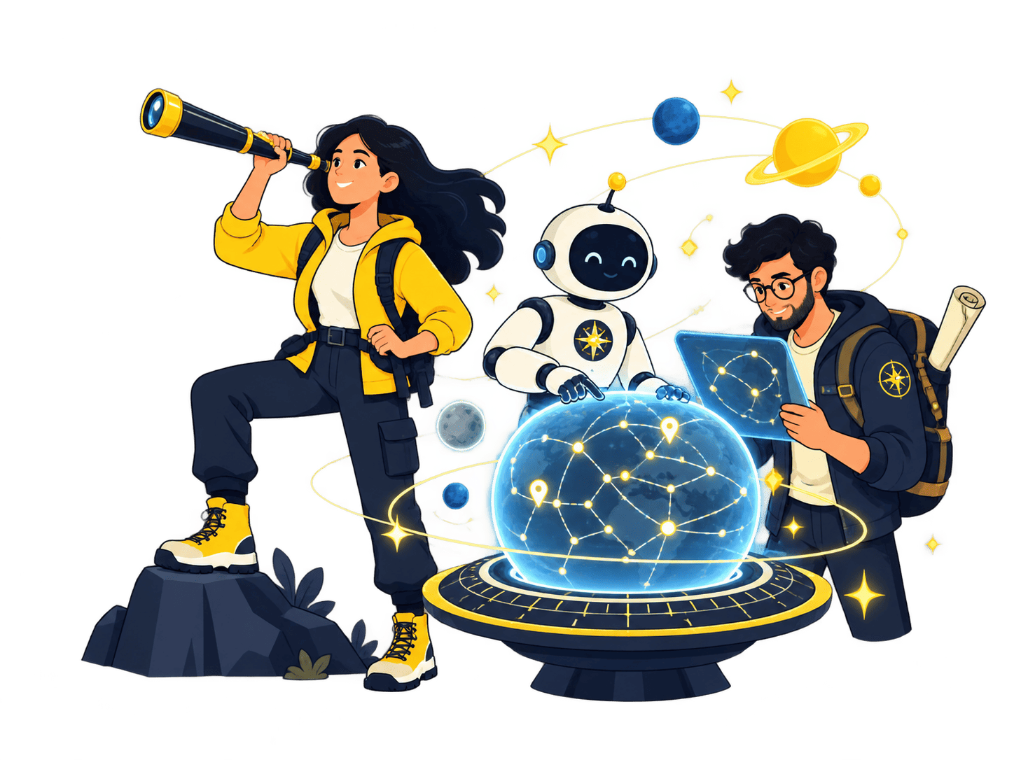 Weimpa explorers studying a connected market globe