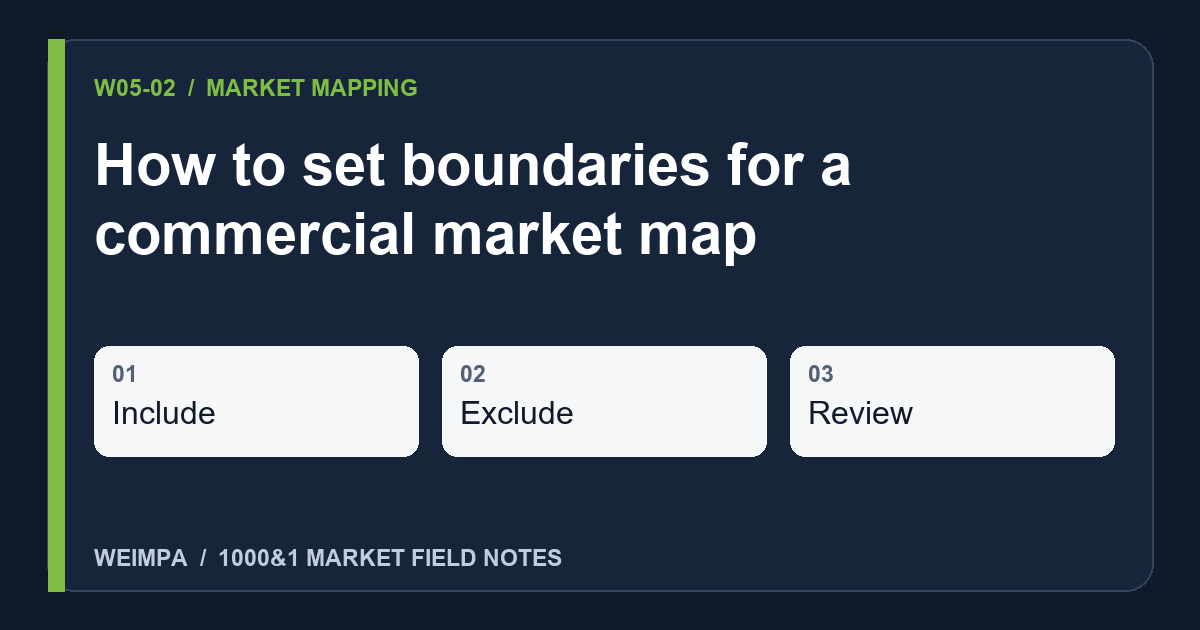 Visual summary of How to set boundaries for a commercial market map: Include, Exclude, Review