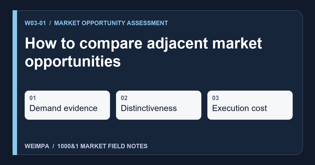 Visual summary of How to compare adjacent market opportunities: Demand evidence, Distinctiveness, Execution cost