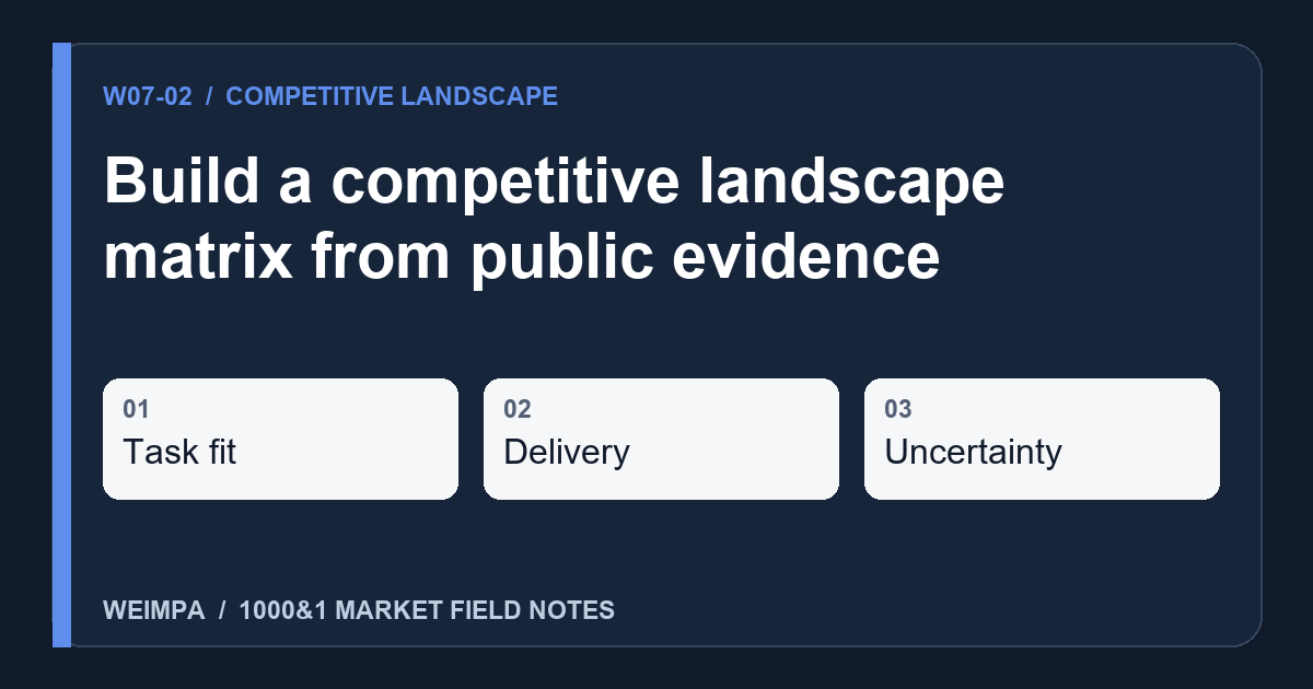 Visual summary of Build a competitive landscape matrix from public evidence: Task fit, Delivery, Uncertainty