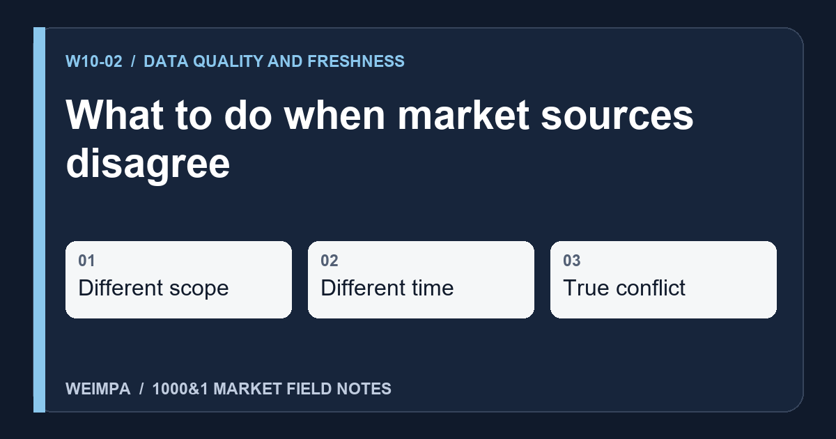 Visual summary of What to do when market sources disagree: Different scope, Different time, True conflict