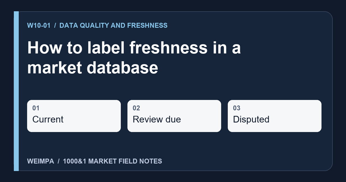 Visual summary of How to label freshness in a market database: Current, Review due, Disputed