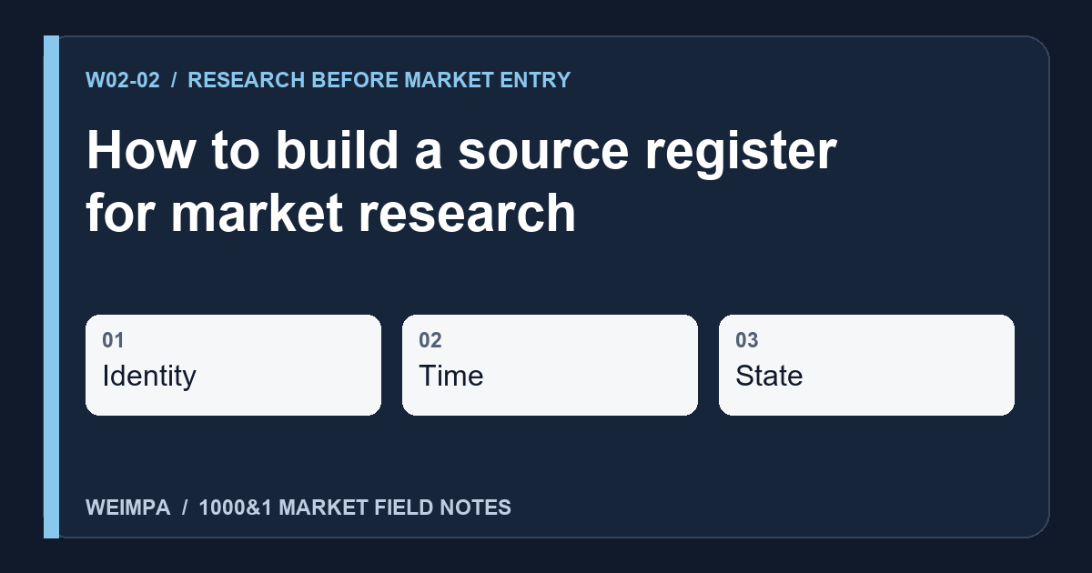 Visual summary of How to build a source register for market research: Identity, Time, State