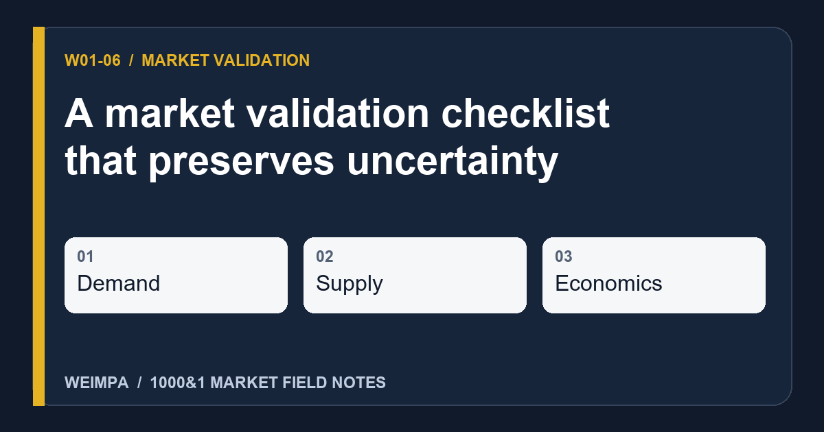 Visual summary of A market validation checklist that preserves uncertainty: Demand, Supply, Economics