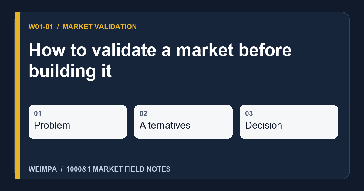 Visual summary of How to validate a market before building it: Problem, Alternatives, Decision